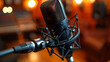 microphone with blurred background on blue wall, vintage microphone on stage with lamp lighting, in uhd image style, bokeh panorama.
