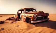 Old Classic Wreck Of Retro Vintage Car Left Rusty Ruined And Damaged Abandoned In The Sahara Desert For Aftermath Apocalyptical.
