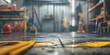 An enigmatic shot focusing on oily, worn garage floor with blurred background of a workshop setting