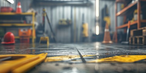 An enigmatic shot focusing on oily, worn garage floor with blurred background of a workshop setting