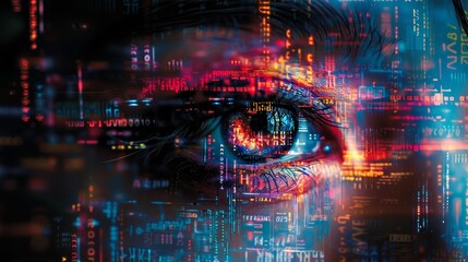 Wall Mural - A close up of a person's eye with a computer screen behind it. The eye is surrounded by a colorful, pixelated background that looks like a computer screen