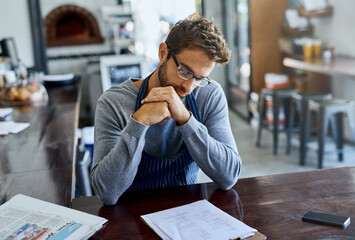 Poster - Cafe, barista and man with clipboard in restaurant for checklist, planning or review of inventory. Pizzeria, small business and employee with documents for supply chain, feedback or stock price list