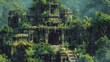 A lush green jungle with a large stone building in the middle. The building is covered in vines and moss, giving it an old and abandoned appearance. The jungle is dense and full of life
