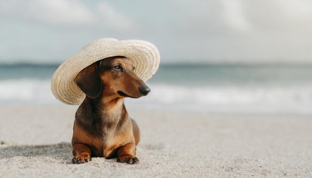 dachshund in a straw hat resting on the beach