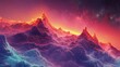 A colorful mountain range with a purple sky. The mountains are covered in clouds and the sky is filled with stars. The image has a dreamy and peaceful mood