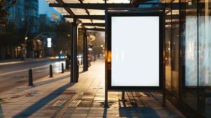 Poster - bus shelter at busstop blank white lightbox empty billboard and ad placeholder glass and aluminum structure transit station urban setting city street background stone sidewalk base for : Generative AI