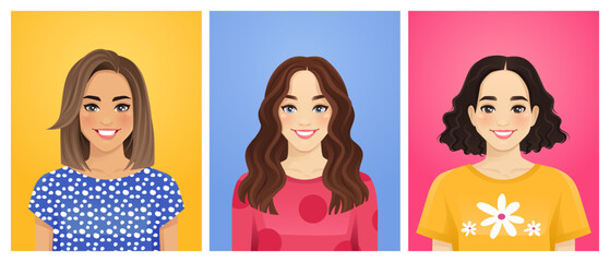 Wall Mural - Portraits of casual women with different hairstyles and outfits isolated vector illustration
