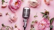 retro microphone surrounded by fresh pastel color peonies and ranunculuses, pastel pink solid color background, woman podcast