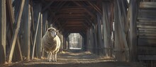 A Solitary Sheep Stands In The Center Of A Rustic Wooden Covered Bridge, Bathed In Natural Sunlight