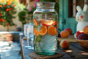 Wall Mural - A refreshing pitcher of citrus lemonade surrounded by slices of orange Easter eggs and spring decor