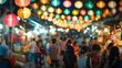 Blurred crowd of people in a lively market vendors selling goods and shoppers browsing. .