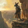 An adventurer crescent nail-tail wallaby in human form standing at the edge of a cliff