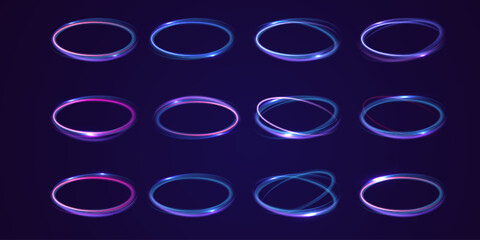Poster - Set of neon blurry light circles at motion . Vector swirl trail effect. Abstract vector fire circles, sparkling swirls and energy light spiral frames.