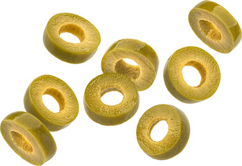 Wall Mural - falling green olive slices isolated