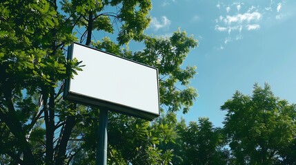 Poster - blank advertising sign in front of green trees and blue sky : Generative AI
