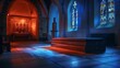 Church interior with red and blue lighting