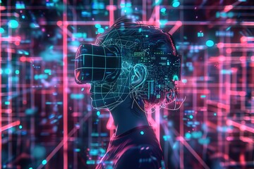 Poster - Silhouette of a person with VR headset against a dynamic, digital backdrop.
