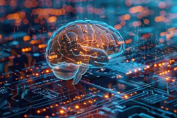 Poster - Digital brain concept with glowing neural network on circuit board background.