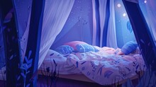 A Four-poster Bed With A Night Sky Theme. The Bed Has A White Sheet With Blue And Purple Floral Designs. The Bed Is Canopied With A Dark Blue Curtain That Has A Starry Night Sky Design. The Canopy Is