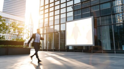 Aufkleber - Businessman passing by blank white billboard with copyspace on sunny street before stylish business center with glass walls in the evening mockup : Generative AI