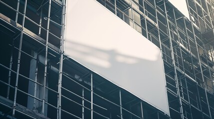 Poster - Blank white banner for advertisement hanging on the scaffolding of modern building under construction : Generative AI