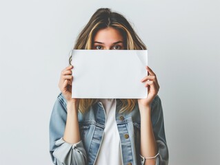 woman in casual attire holds white sign in hand in front of his face, white background 