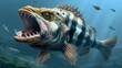 A bony fish with sharp teeth swims in the underwater habitat