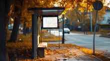 Empty Bus Stop With Mockup Space On Sidewalk Of Suburban Street At Autumn Season Front View : Generative AI