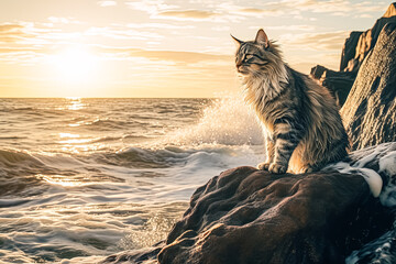 Wall Mural - A cat is sitting on a rock near the ocean