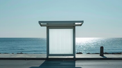 Poster - Blank advertisement in a bus stop next to the sea : Generative AI
