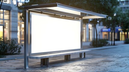Aufkleber - bus shelter at bus stop transit station blank white lightbox empty billboard and ad placeholder glass and aluminum structure urban setting city street background stone sidewalk base fo : Generative AI