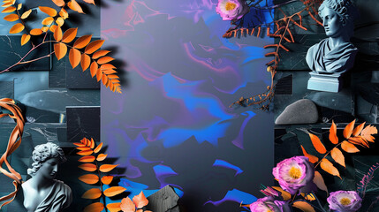 Wall Mural - Retro wave background with statues and leaves, copy space