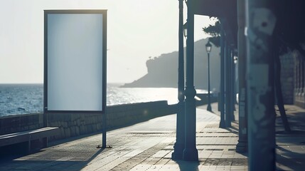 Wall Mural - Blank billboard mock up in a sidewalk next to the sea : Generative AI