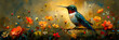 Hummingbird Enjoying Nectar,
A painting of a hummingbird with flowers in the background.

