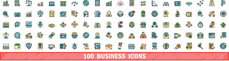 Poster - 100 business icons set. Color line set of business vector icons thin line color flat on white
