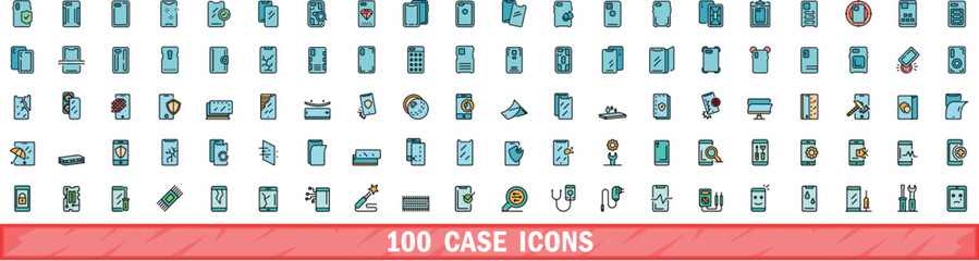 Poster - 100 case icons set. Color line set of case vector icons thin line color flat on white