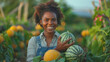 African american balck woman farmer harvesting ripe melons at sunny day. Agriculture and healthy food concept. Generative ai