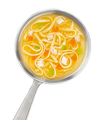 Wall Mural - Instant chicken noodle soup in ladle isolated on white background, top view