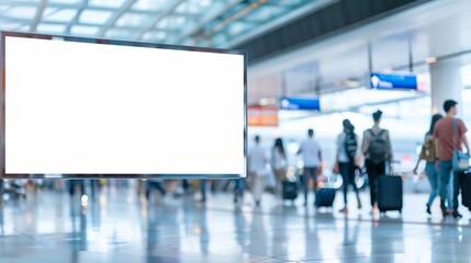 Poster - Blank billboard in airport terminal with blurred people walking in background : Generative AI