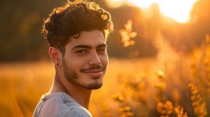 Poster - Young Man Smiling in Golden Sunset Light