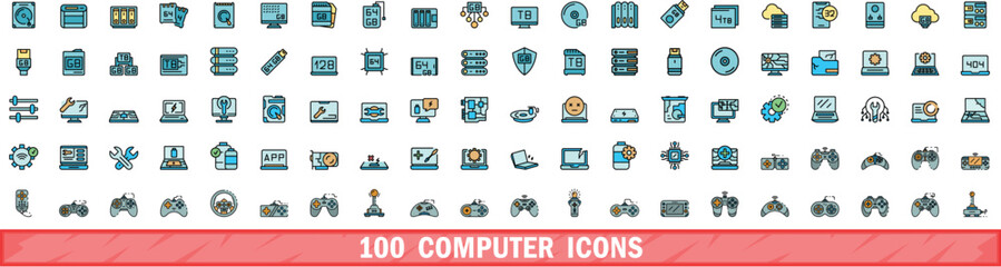 Poster - 100 computer icons set. Color line set of computer vector icons thin line color flat on white