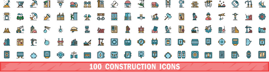 Poster - 100 construction icons set. Color line set of construction vector icons thin line color flat on white