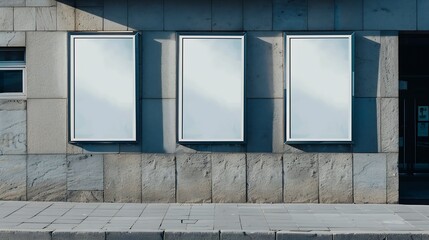 Blank white vertical banners on building facade design mockup Store flags mock up on the street Outdoor bannerets template on the side of the shop exterior Three signs hanging on the w : Generative AI