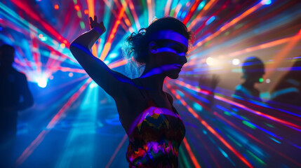 A woman with fluorescent bodypainting seen from back in a music event, dancing in neon color lights