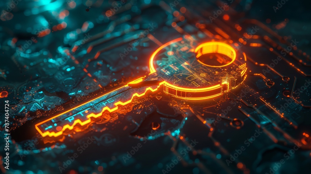 A digital key with complex geometric shapes inserted into a glowing ...