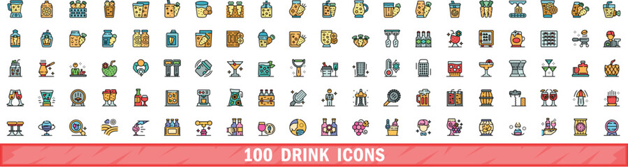 Sticker - 100 drink icons set. Color line set of drink vector icons thin line color flat on white