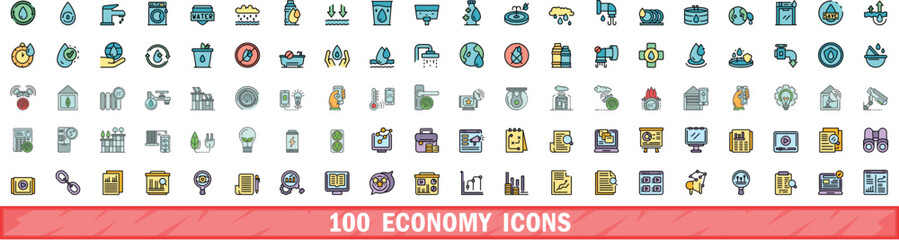 Poster - 100 economy icons set. Color line set of economy vector icons thin line color flat on white
