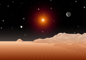 Sticker - Retro futuristic landscape with mountains and sun in deep space. 80s styled synthwve landscape with sunrise over alien planet.