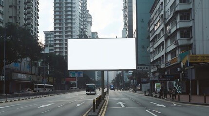 Poster - large blank advertise billboard white LED screen vertical on big concrete pole walk way outdoor in city with people walking go to working on morning : Generative AI