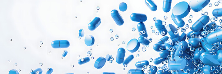 Wall Mural - blue pills on white backdrop falling